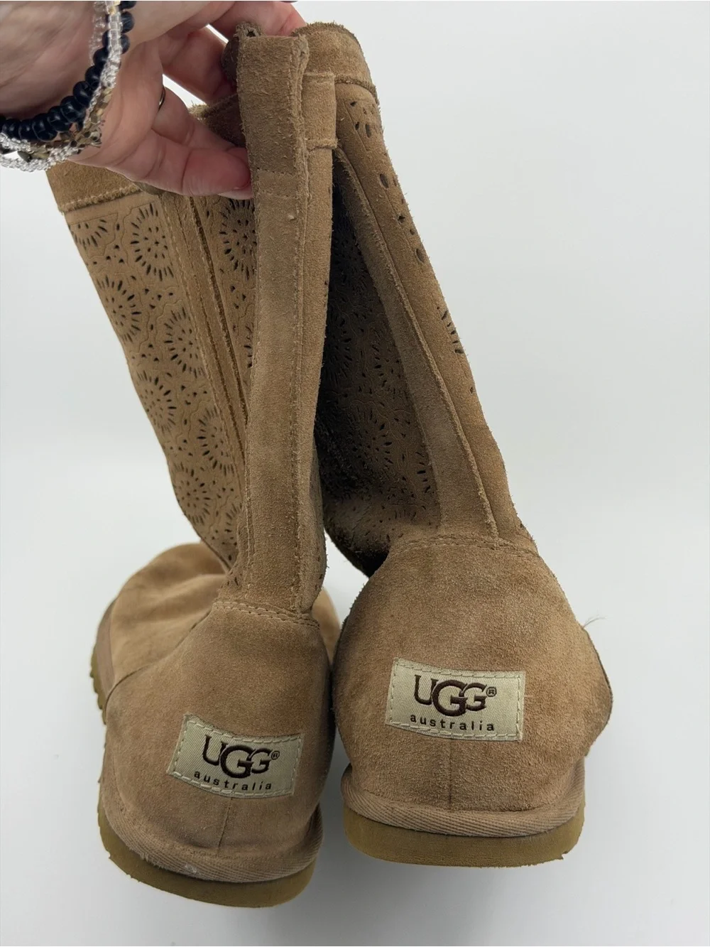 UGG Lo Pro Marrakech Boots Chestnut Suede Sheepskin Laser Cut Side Zip Women's 9